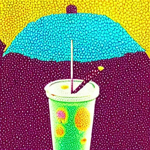 Prompt: bubble tea with an umbrella pointilism very detailed