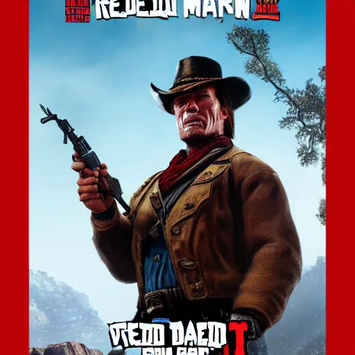 Image similar to Arnold Schwarzenegger in Red Dead Redemption 2 (2018 videogame) cover art, ultra wide lens shot , cigar, tall, strong, taciturn, regal, DnD character art portrait, matte fantasy painting, DeviantArt Artstation, by Jason Felix by Steve Argyle by Tyler Jacobson by Peter Mohrbacher, cinematic lighting