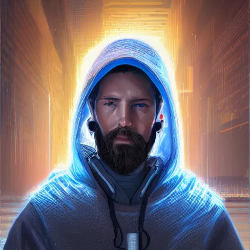 Prompt: a portrait of an ultradetailed futuristic male cyberpunk waring a hoodie, bearded, deep blue eyes, by dylan kowalski, 8 k, digital painting