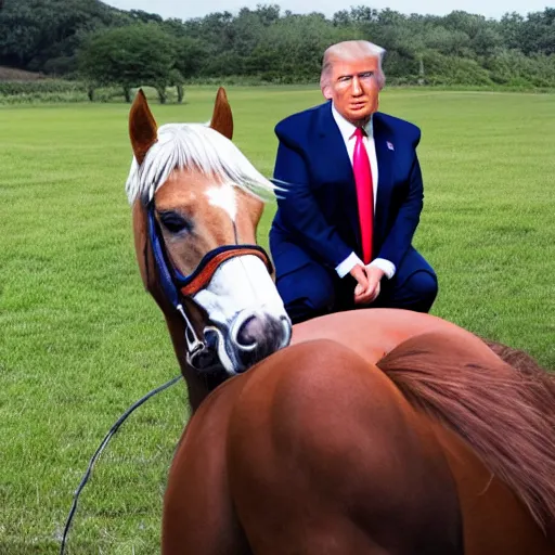 Prompt: ( donald trump × horse ) in a pasture