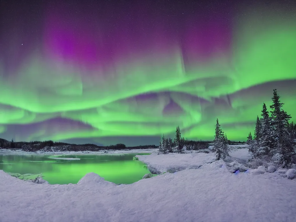 Prompt: frozen lake with aurora lights at night, photorealistic, cinematic, ambeint, 8k detail, ominous, wide angle lens