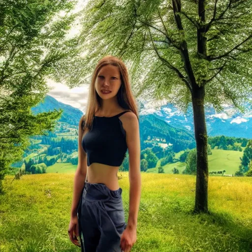 Image similar to a beautiful photograph of a girl with switzerland landscape in the background with trees, hdr, 8 k, high quality, sharp focus, artstation, highly detailed, award - winning, dramatic lighting, beautiful clouds, and nature