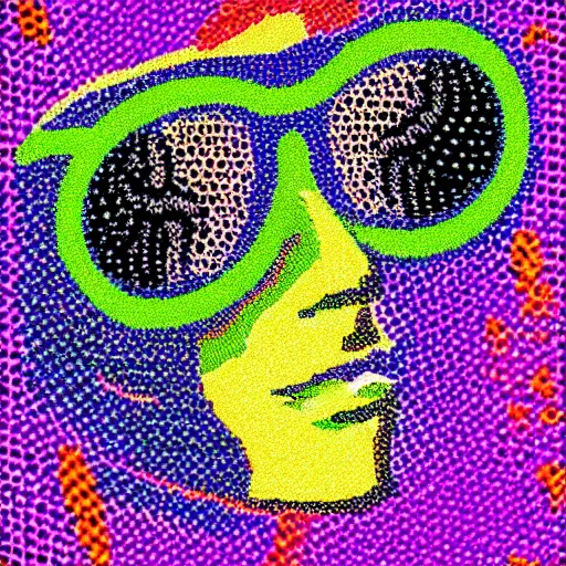 Image similar to Cryptopunk with pit vipers, pointillisme