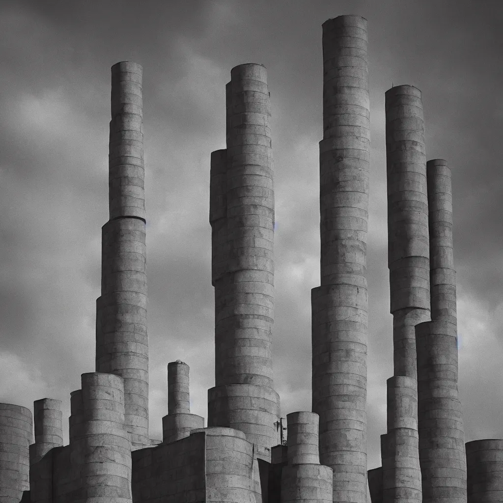 Image similar to giant shrek standing between two big soviet brutalist architekture chimneys, black and white, history channel, very detailed, 4 k, professional photography