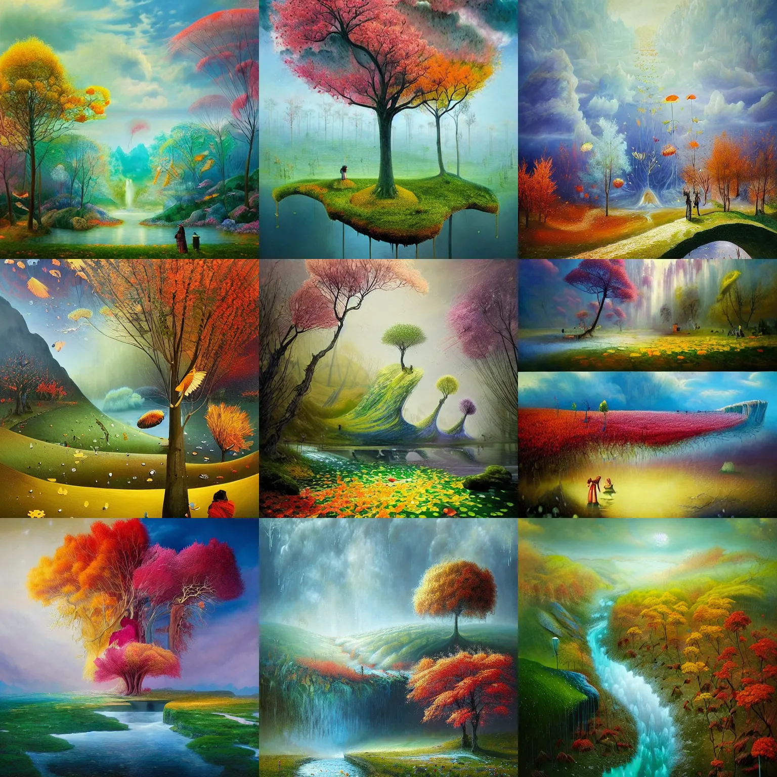 Prompt: a masterpiece matte painting of the four season on an alien landscape, seasons!! : spring 🌸 summer ☀ autumn 🍂 winter ❄, a river splits!! the seasons, painted by gediminas pranckevicius, inspired by mimmo rotella, inspired by alberto seveso, quantum wavetracer, crepuscular rays