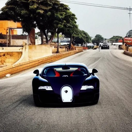 Prompt: “bugatti veyron cruising down the streets of Lagos in africa motorsports car issue race edition atmospheric advertisement”