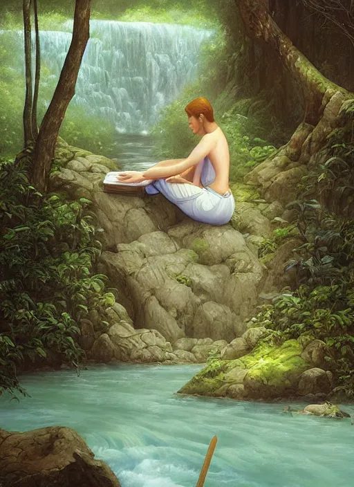 Prompt: a beautiful woman meditating near a river in the amazon jungle, art by christophe vacher