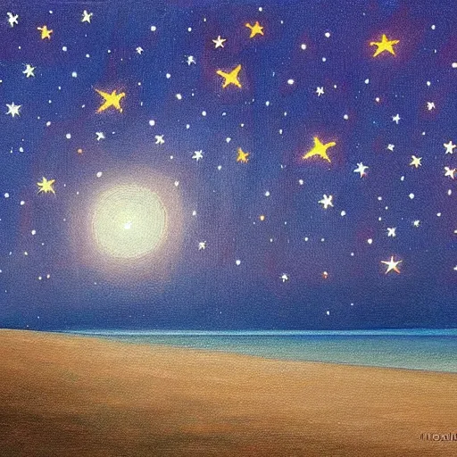 Prompt: a beautiful painting of a sunny beach with a star filled sky above by moebius