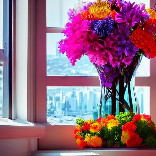 Image similar to a vase with a colorful and beautiful flower arrangement, placed on the windowsill. through the window you can see the beautiful city. noon. beautiful lighting, 4 k post - processing, trending in art station, cg society, highly detailed, 5 k extremely detailed, 3 d. cinematic scene.