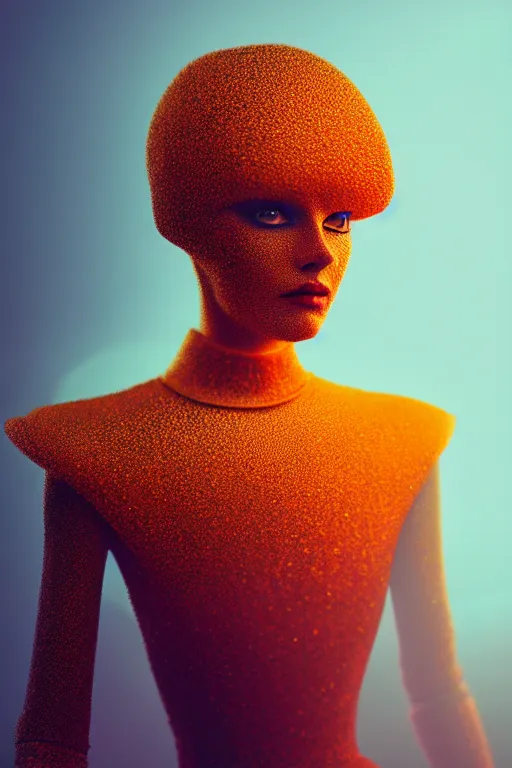 Prompt: a robotic model wearing haute couture from vintage chanel, macro photography, long exposure photograph, surrealism, anamorphic bokeh, cozy, soft light, orange and teal, caustic, atmospheric fog, octane render, cinematic