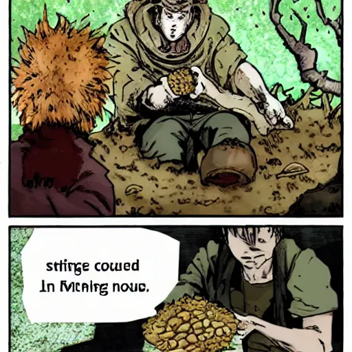 Image similar to en from dorohedoro eating a mushroom