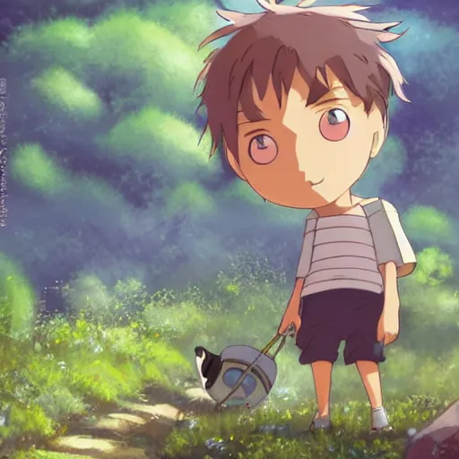 Prompt: friendly guy and small creature , with Fragile looking character made by Studio Ghibli highly detailed art, beautiful scene, sharp focus, smooth, High contrast, depth of field, 8k, anime art