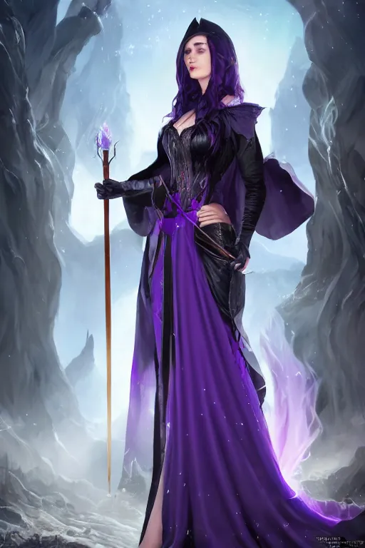 Prompt: Pretty Sorceress, wearing Black and purple robes, Dark blue hair, magic wooden staff, fully covered, corset, Epic fantasy, romantic lead, pretty face, trending by artstation, artstationhd, artstationhq, matte painting, 8k UHD