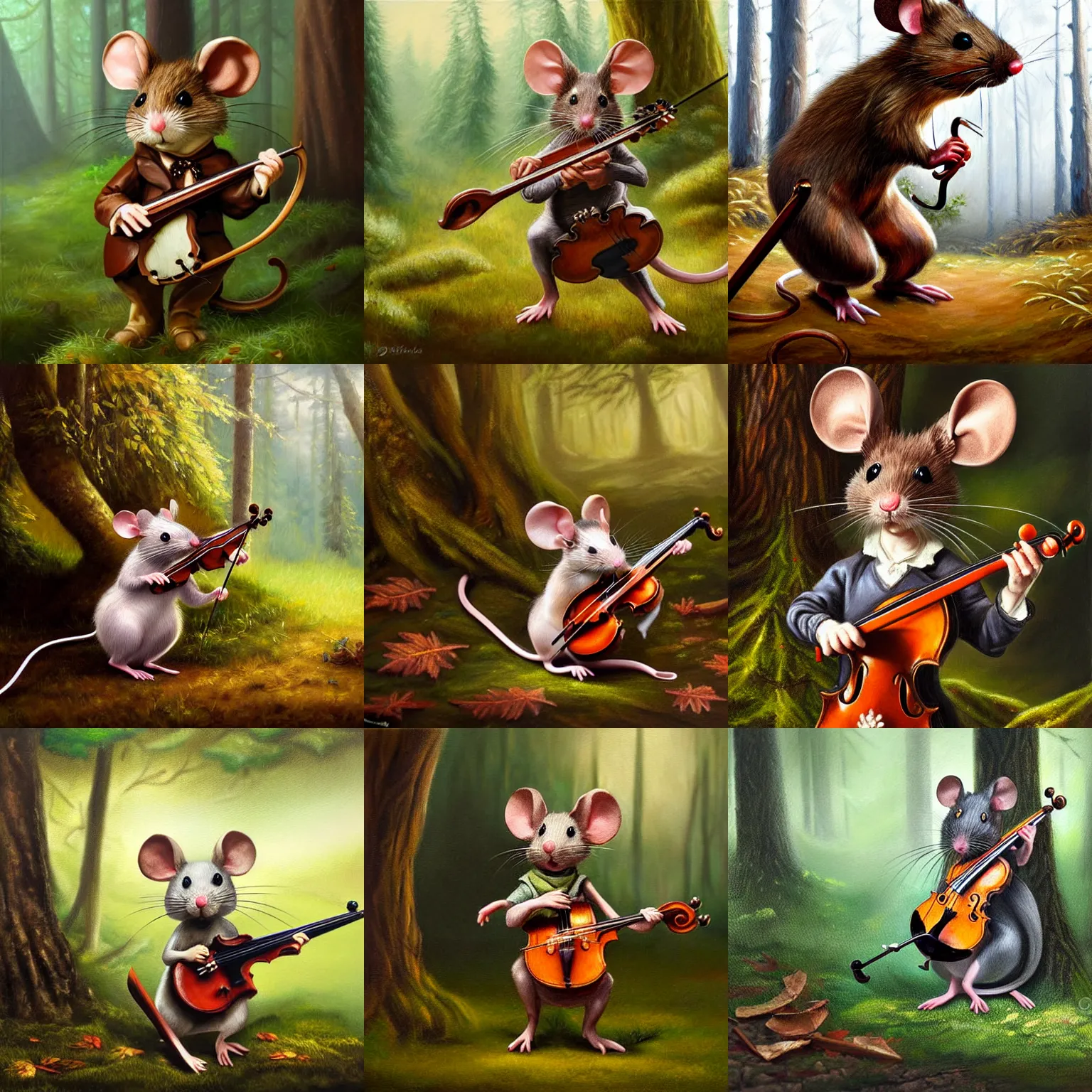 Prompt: classic oil painting, a mouse with a violine, as a dnd character, standing in the forrest, highly detailed, digital illustration, concept art, close up