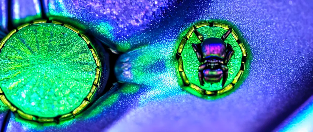 Prompt: high quality close-up photo scarab jeweled iridescent highly detailed moody blue lighting low angle hd 8k sharp shallow depth of field