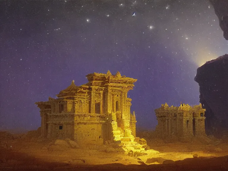 Prompt: an oil painting of an ancient and cursed temple in the middle of an alien salt plane at dusk, aurora and stars light up the sky by beksinski carl spitzweg and tuomas korpi. baroque elements, full-length view. baroque element. intricate artwork by caravaggio. Trending on artstation. 8k