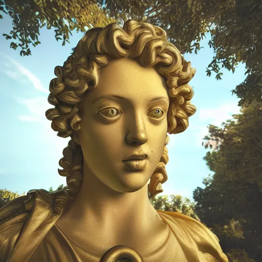 Image similar to baroque vaporwave statue, high detail, rendered in unreal engine, 3d render, god rays, volumetric lighting, award winning, vegetation, golden light