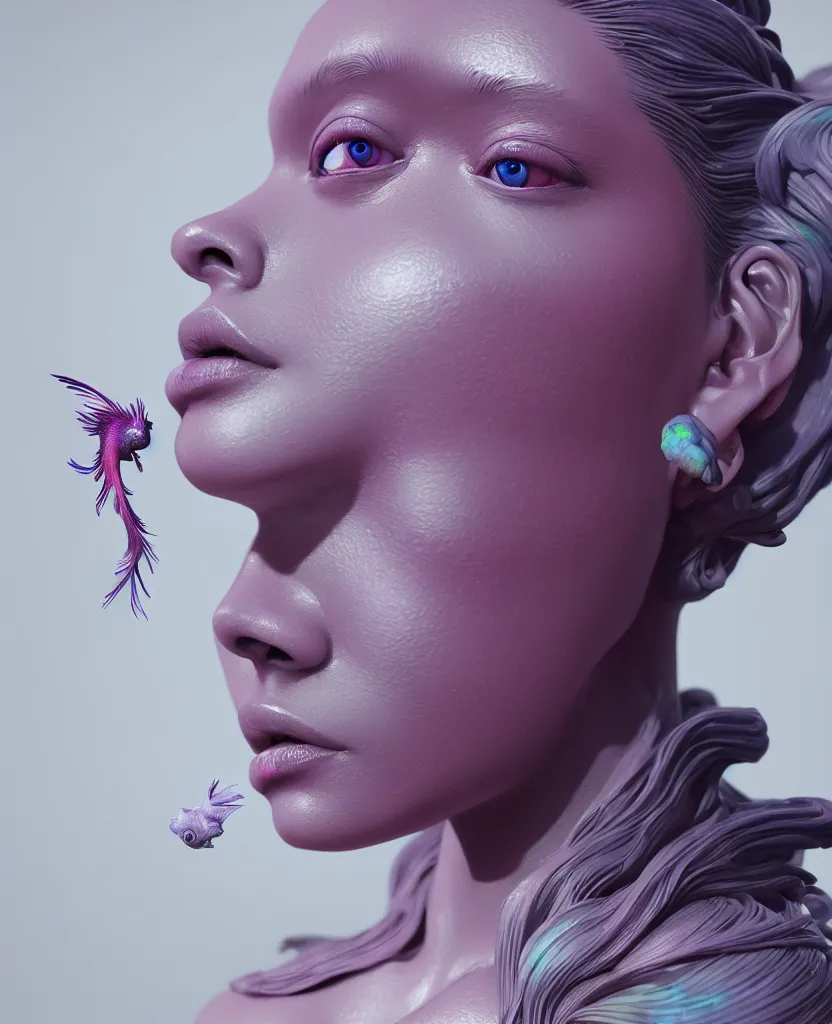 Image similar to goddess full painted acryllic sculpture close-up portrait. orchid bird betta fish, intricate artwork by Tooth Wu and wlop and beeple. octane render, trending on artstation, greg rutkowski very coherent symmetrical artwork. cinematic, hyper realism, high detail, octane render, 8k