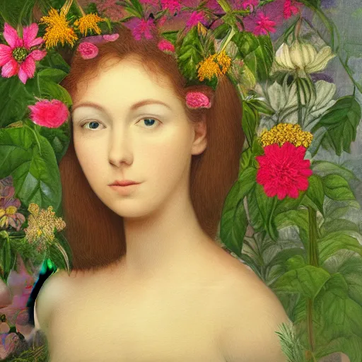 Prompt: a beautiful detailed portrait of a woman with plants and flowers growing