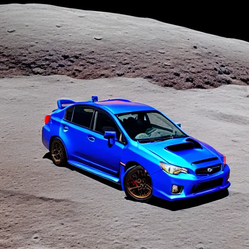 Prompt: a subaru wrx, on the surface of the moon