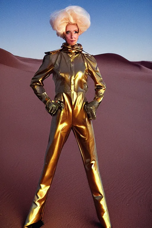 Image similar to portrait davis taylor brown dressed in 1 9 8 1 space fantasy fashion, avante garde, shiny metal, standing in a desert