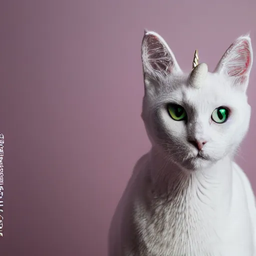 Prompt: portrait of cat unicorn, 5 0 mm soft room lighting