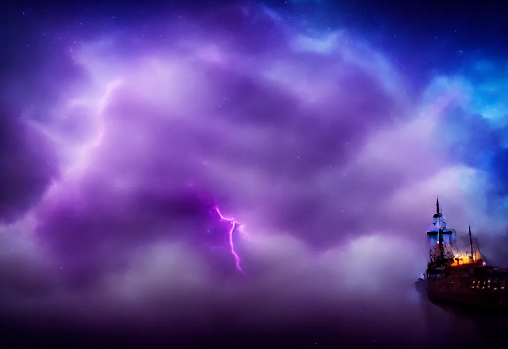 Image similar to purple color lighting storm with stormy sea, pirate ship pirate ship pirate ship firing its cannons trippy nebula sky 50mm shot fear and loathing movie