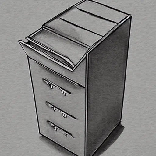 Prompt: filing cabinet overflowing with paperwork, stack of papers, metal filing cabinet, concept art, colored sketch, artstation award, detailed, explosive, flying papers