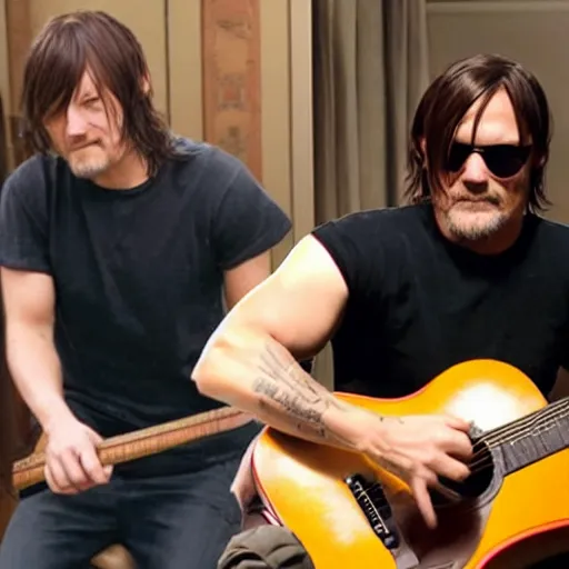 Image similar to norman reedus playing the guitar saying uhhh what wait what huh pham sandwich