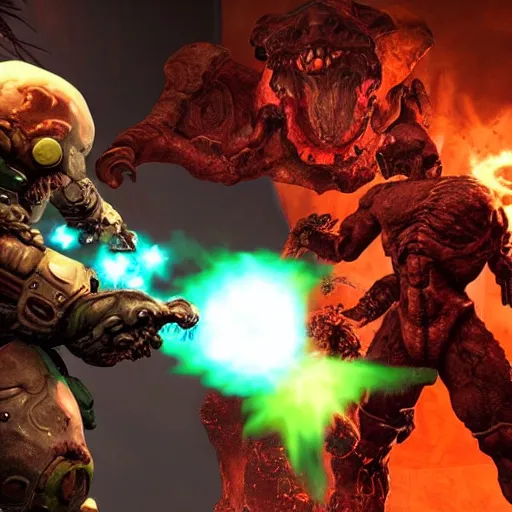 Prompt: Doom Eternal VR punching the skull off a demon