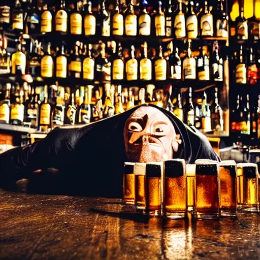 Prompt: batman lying on the floor in a pub surrounded by beer bottles, 8 k photography, golden hour