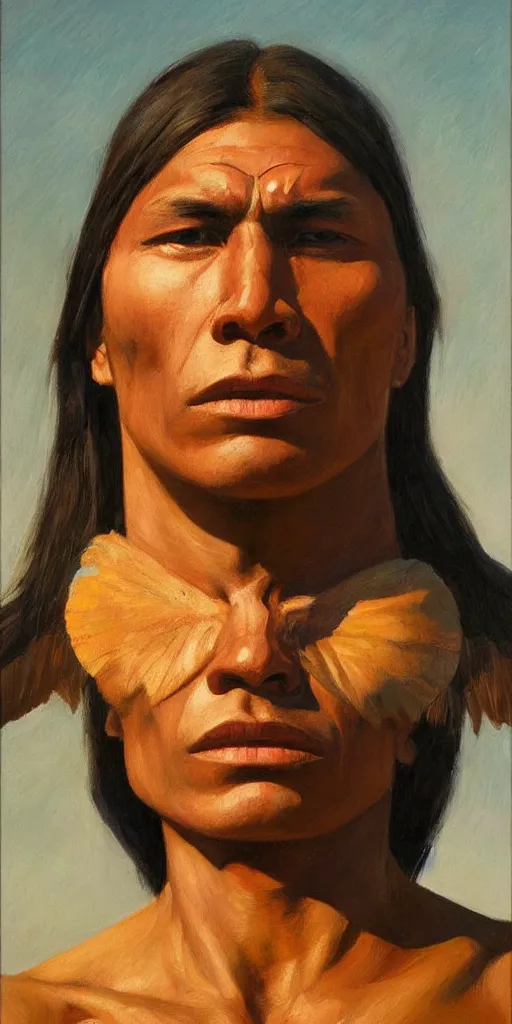 Image similar to a stunning and noble highly detailed portrait of a native american warrior by edward hopper, trending on artstation, oil painting masterpiece, symmetry, mysterious, very very very aesthetic