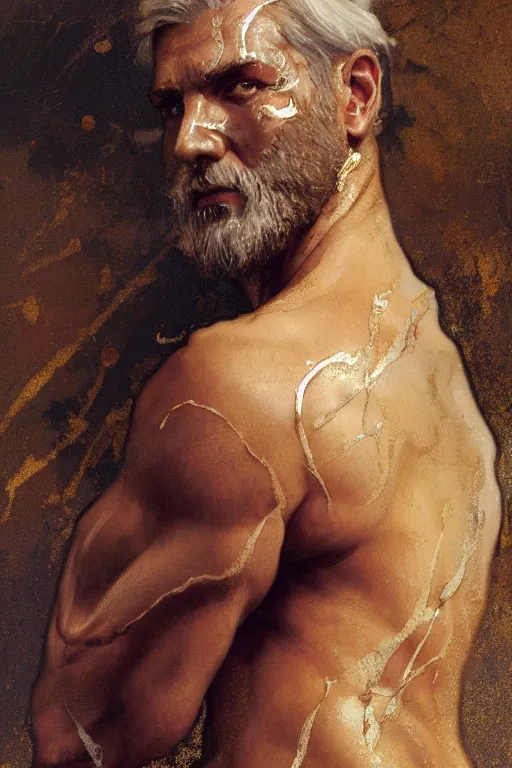 Prompt: painted back portrait of rugged zeus greek god by greg rutkowski craig mullins art germ alphonse mucha, messy gold body paint over the back and his arms, white hair handsome muscular upper body mature warm tone bulging bubble flowing robe [ ancient greek motifs ] background fantasy intricate elegant detailed digital painting concept art artstation sharp focus illustration