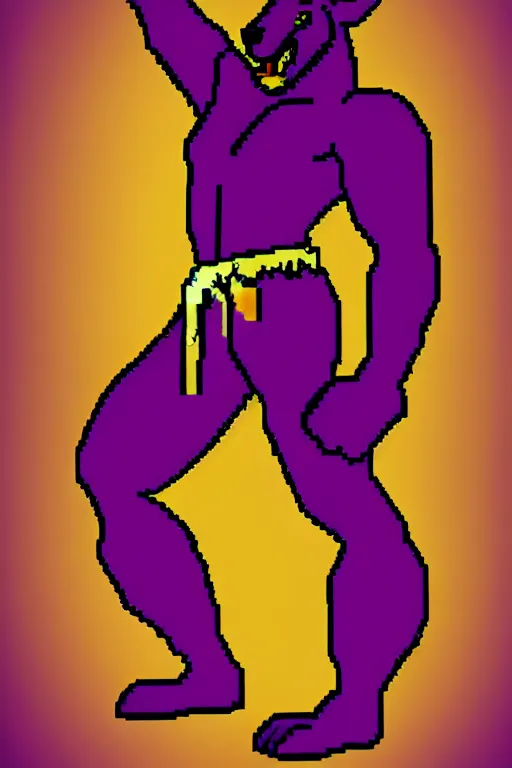 Prompt: full body shot antropomorphic muscular masculine wolf. kickboxer, in sport pants. wolf head. furr on body. 8 bit nes graphics. retrowave futuristic 8 0's