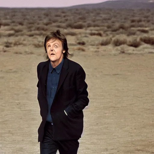 Image similar to paul mccartney walking around in a wasteland