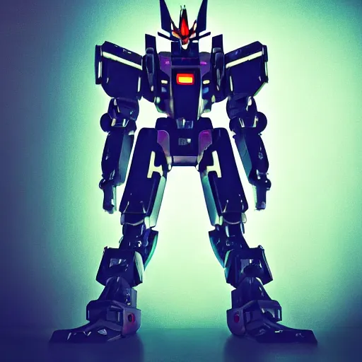 Image similar to Nostalgic Daguerreotype photo of Futuristic Kaiju Evangelion-Gundam Mecha Robot guarding futuristic cyberpunk Tokyo city, misty xparticles. blacklight neon glow. Hyperrealism