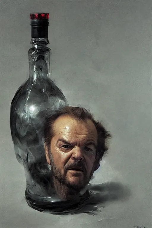 Prompt: a ship in a bottle but instead of a ship it is jack nicholson in the bottle, painting by caravaggio, ruan jia, jakub rebelka, artgerm, greg rutkowski, edgar maxence