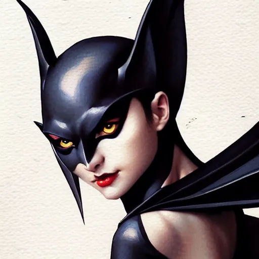 Image similar to 3 / 4 view of a portrait of bat woman with bat wings, confident pose, pixie, genshin impact,, intricate, elegant, sharp focus, illustration, highly detailed, concept art, matte, trending on artstation, anime, art by wlop and artgerm and greg rutkowski, marvel comics h 6 4 0