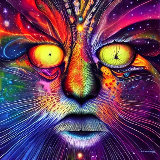 Image similar to a galaxy colored psychedelic chakra awakening kundalini ethereal portrait of a cat, eternal blessing, multiverse, by android jones, by ben ridgeway, visionary art, by artgerm, featured on artstation, cgsociety, by greg rutkowski