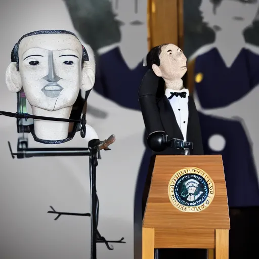 Image similar to puppeteer using marionette of a president in a podium