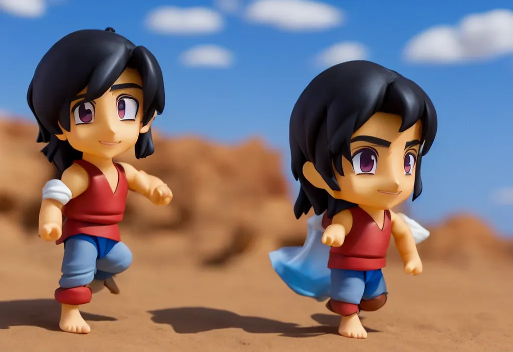 Image similar to side view of young aladdin as nendoroid running in desert village, 8 k hd dof, kodak film,