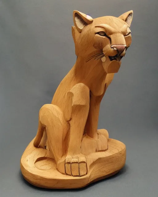 Prompt: wooden carving statue of a cougar, product picture, ebay listing thumbnail