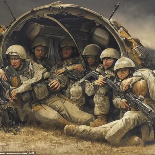 Image similar to an award winning painting of soldiers sitting inside a plane on their way to the battlefield, an emotionless look on their faces, in the style of grek rutkowski