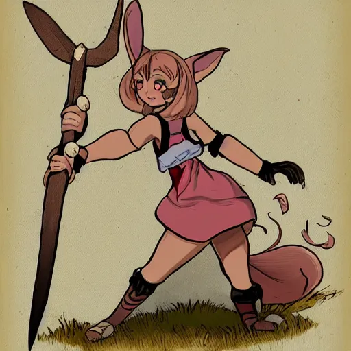 Prompt: a rabbit girl with a giant axe in the style of Don Bluth