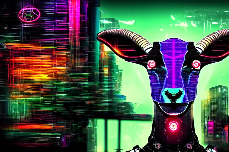 Image similar to complex cyberpunk machine background merged with evil cybernetic goat head in center focus, multicolored digital art