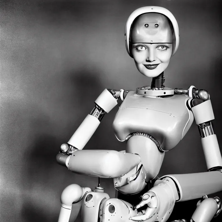 Image similar to 1950s future prediction of an artificially intelligent robot fashion model with stunning eyes smiling at the camera, award winning portrait photo by Annie Leibovitz, super detailed sigma 1.8 55mm boekin