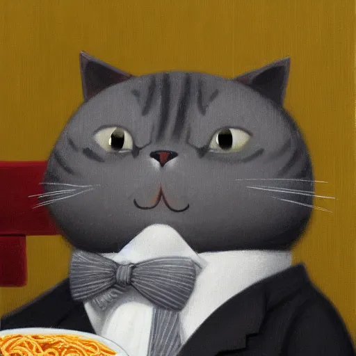 Image similar to Fat, cute grey striped cat in a suit eating ramen, busy restaurant, ukyio-e, painting by Koson Ohara, details, 4K, 8K