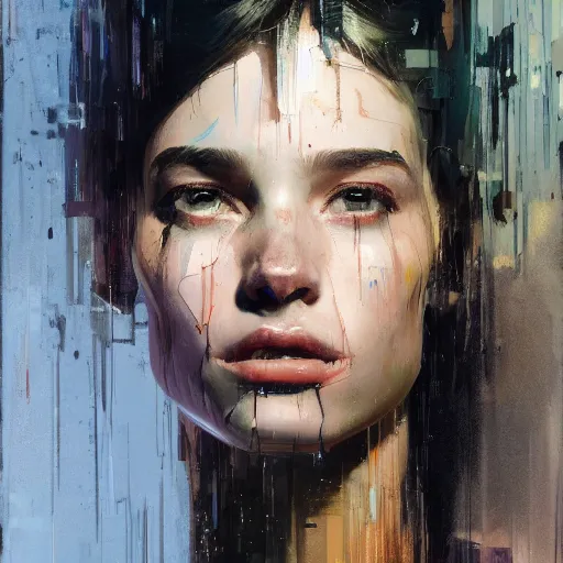 Prompt: portrait of a beautiful girl,, intimate,, beautiful face, rule of thirds, spotlight, expressive, passionate, by greg rutkowski, by jeremy mann, by francoise nielly,, 4 k, 8 k, correct body proportion