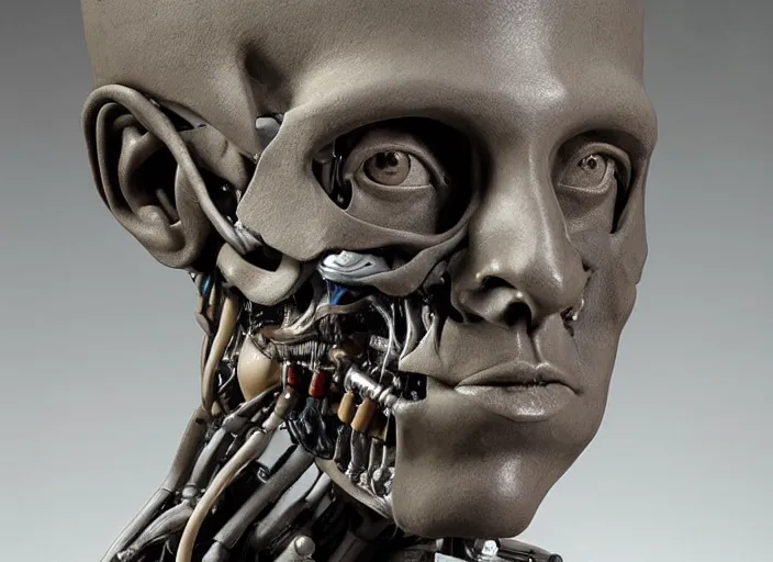 Image similar to a bust sculpture of anatomical cyborg, ,detailed face, ceramic base, studio lighting