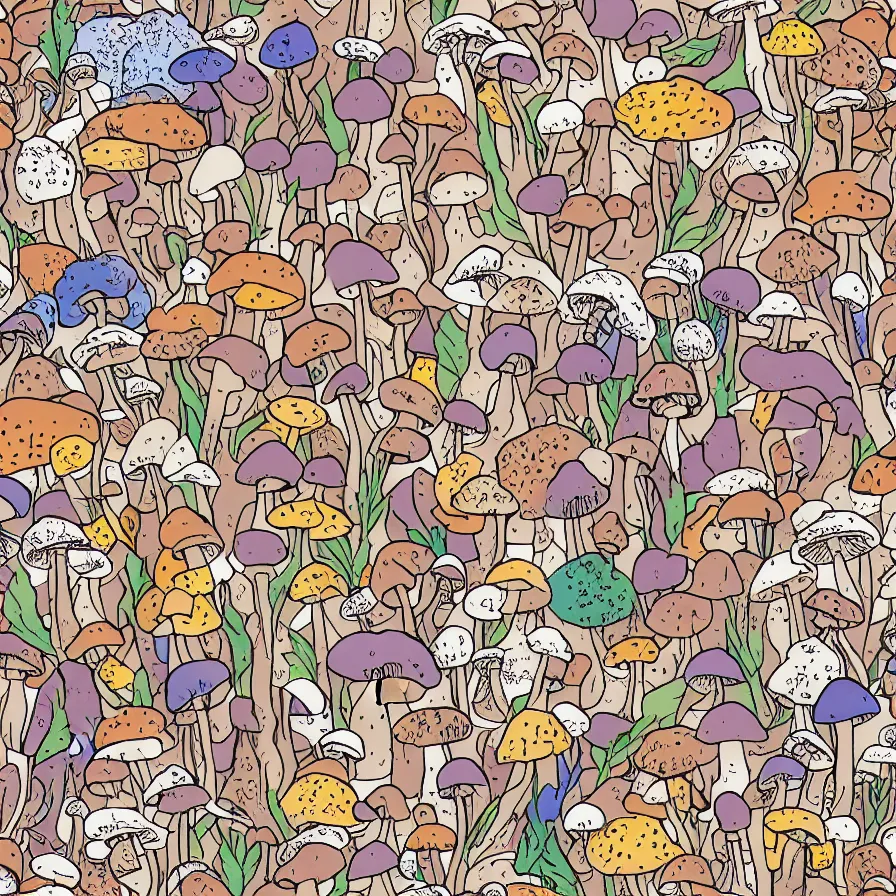 Image similar to plethora of mushroom characters and mycelium, natural colors and natural surroundings, painted patterns and coloring on mushrooms, seamless fabric pattern 8K, highly detailed.